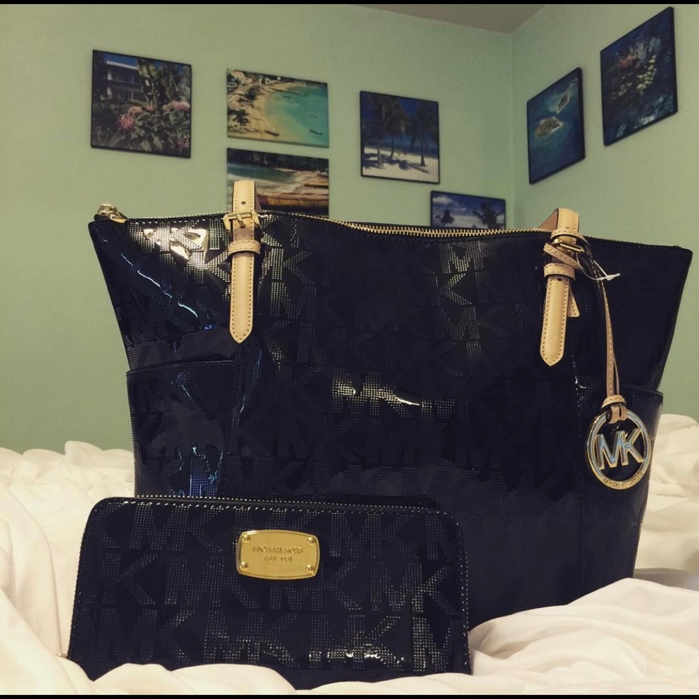 Michael Kors black patent matching tote and wallet